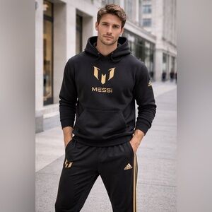Adidas Messi Black & Gold Track Suit Set Hoodie + Joggers Men’s Large
